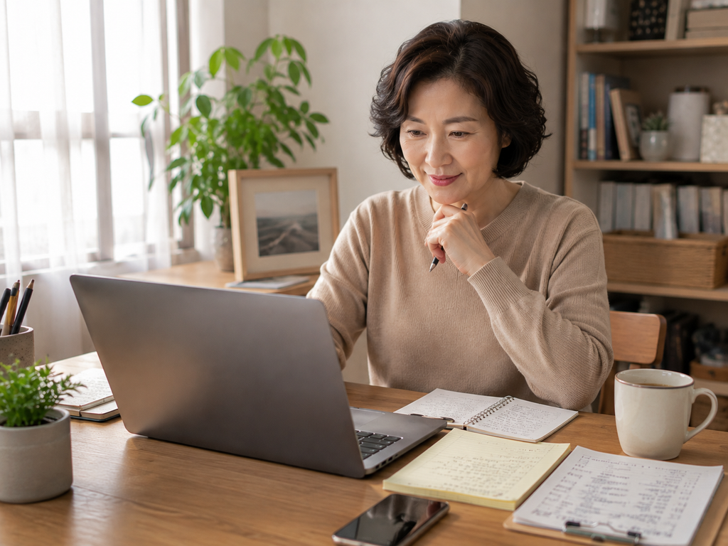 AI 부업용 첫 포트폴리오를 만드는 중장년 여성