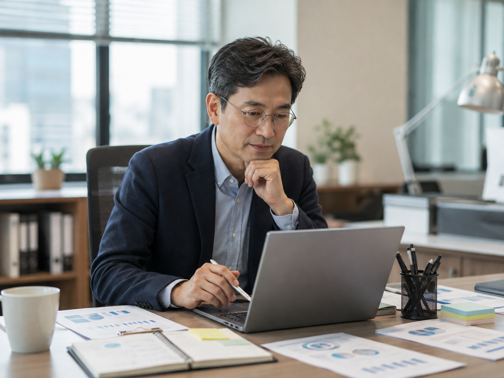 사무실에서 AI 업무 도구를 활용하는 중장년 직장인